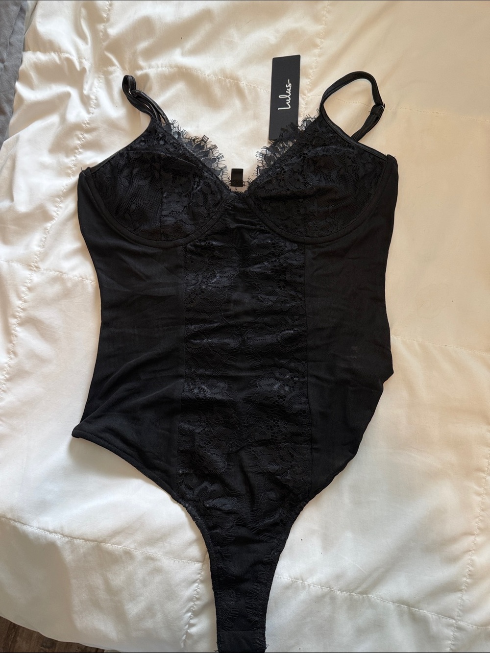 NWT Lulu's Black Lace Trim Bodysuit
